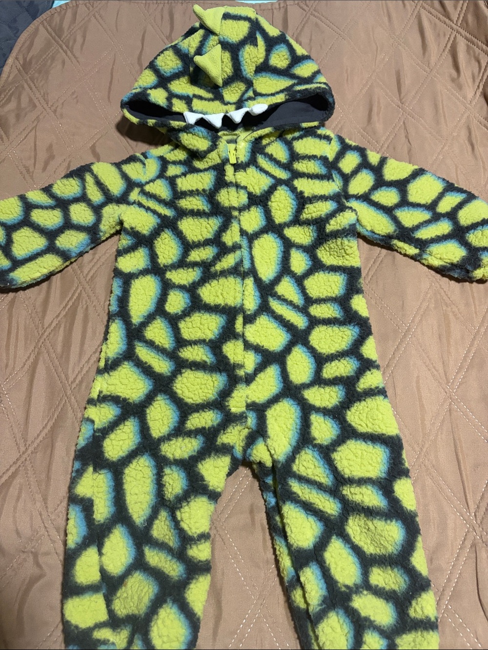 Kids Green Dino Fleece One-Piece Hooded Jumpsuit